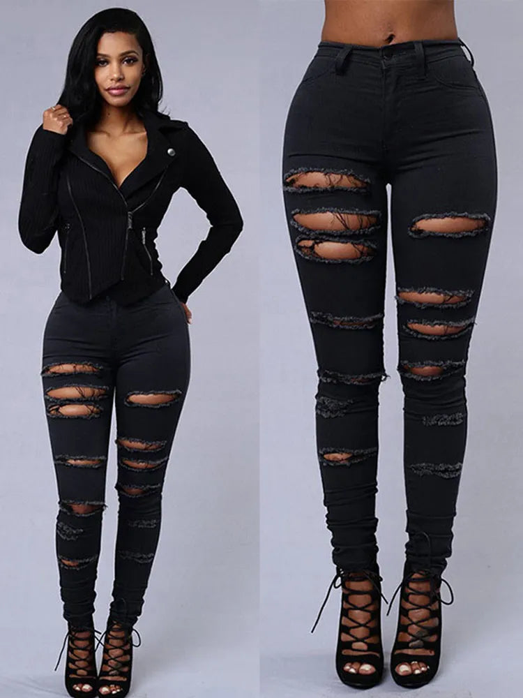 High Waist Ripped Skinny Jeans – Schwarze Denim mit Cut-Outs
